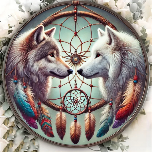 Vintage Double Wolf Dream Catcher Metal Wall Art - 20x20cm
