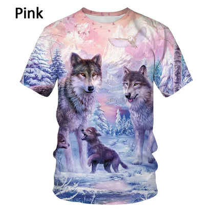 3D Wolf Printed T-Shirt - Polyester Spandex Short Sleeve Graphic Tee