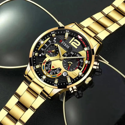 DEYROS 3pcs Men's Quartz Watch, Necklace & Bracelet Set - Stainless Steel, Hardlex, Auto Date