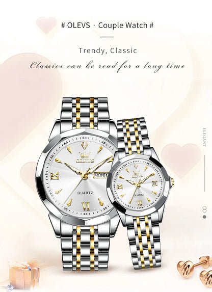 OLEVS 9998 Couple Watches - Rhombus Mirror, Luminous Date, Waterproof
