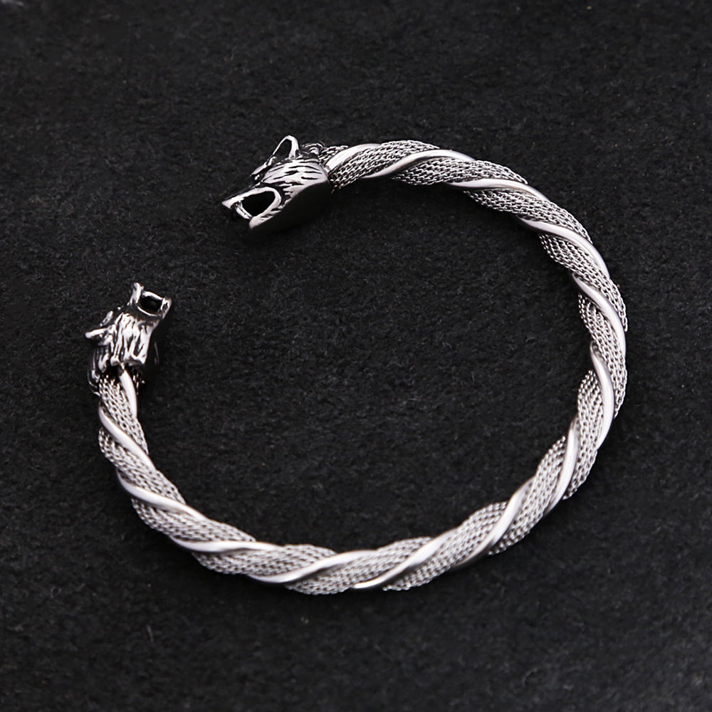 Viking Wolf Head Bracelet - Stainless Steel Open Cuff for Men