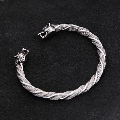Viking Wolf Head Bracelet - Stainless Steel Open Cuff for Men