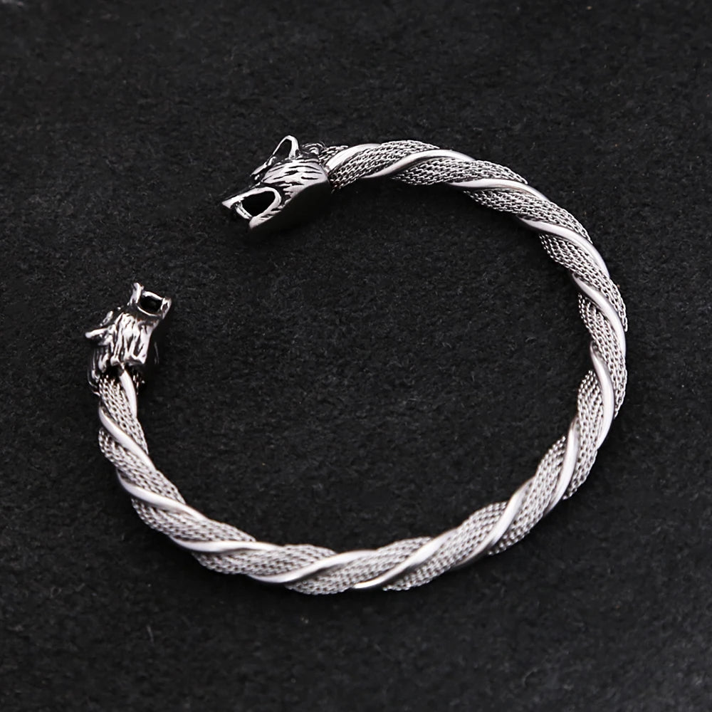 Viking Wolf Head Bracelet - Stainless Steel Open Cuff for Men