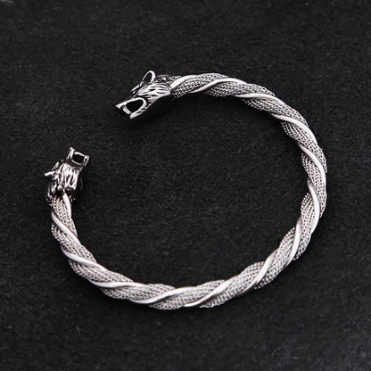 Viking Wolf Head Bracelet - Stainless Steel Open Cuff for Men