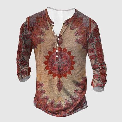 3D Wolf Men's T-Shirt - Polyester Long Sleeve Henry Collar