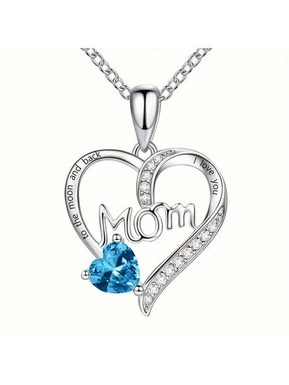 Heart 'Mom' Engraved Rhinestone Necklace – Multi-Color, 35cm