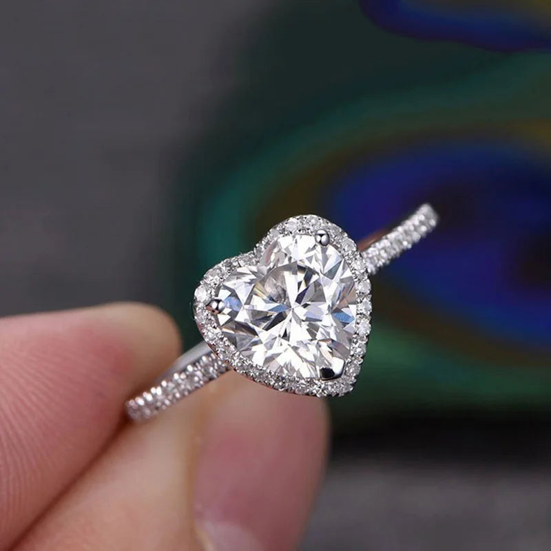 Silver Heart Ring - White Zircon Wedding Engagement Ring