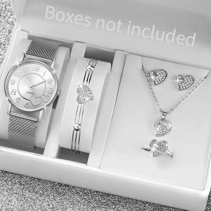 Women's Heart Dial Quartz Watch & Rhinestone Heart Jewelry Set - Plastic Band, 38mm, No Box