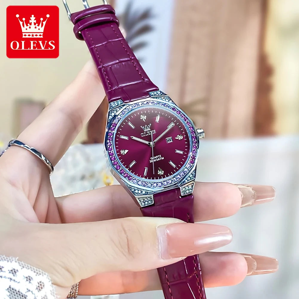 OLEVS 5606 Original Diamond Watch - Leather Strap, 3M Waterproof, Luminous