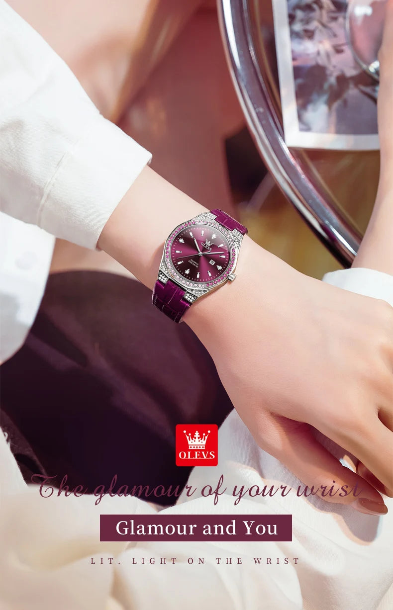 OLEVS 5606 Original Diamond Watch - Leather Strap, 3M Waterproof, Luminous