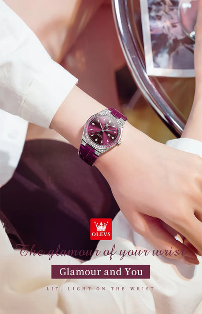 OLEVS 5606 Original Diamond Watch - Leather Strap, 3M Waterproof, Luminous