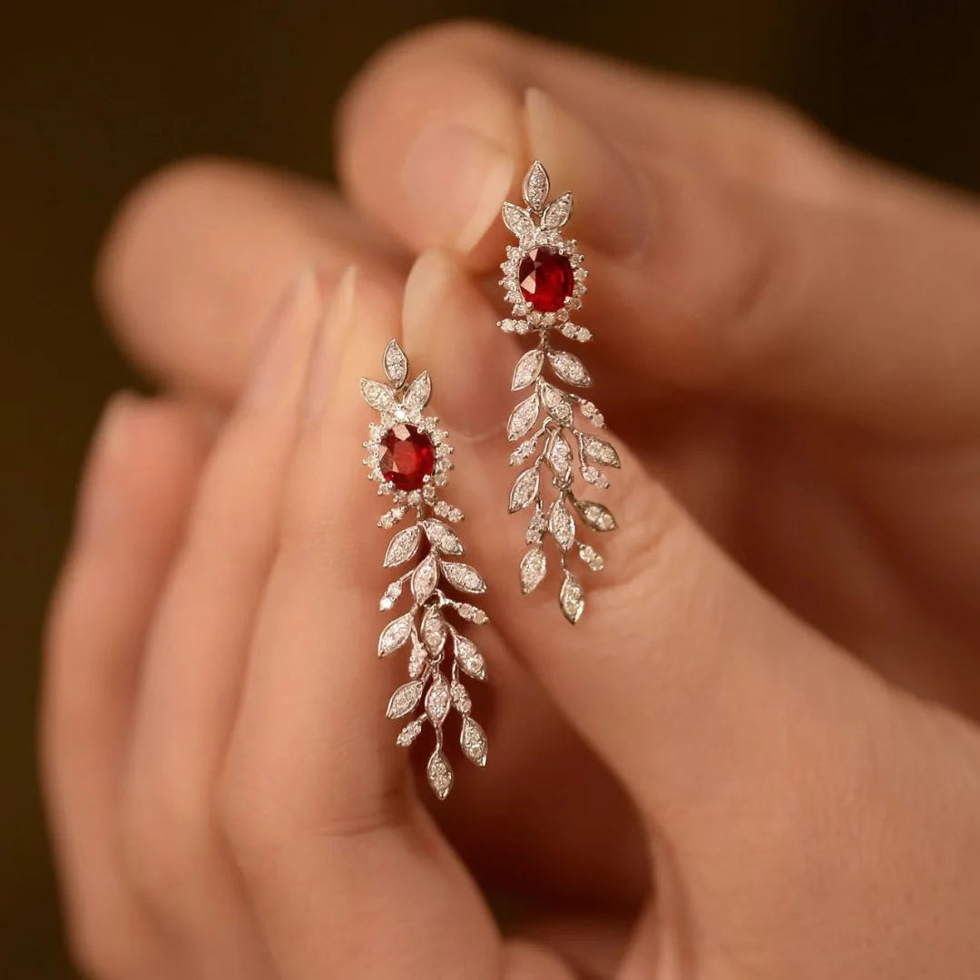 925 Sterling Silver Red Gemstone Tassel Earrings - Vintage Style