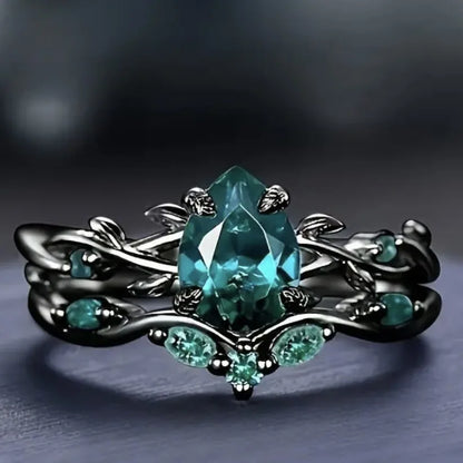 Black & Green Stone Ring Set - Flower Design Wedding Rings