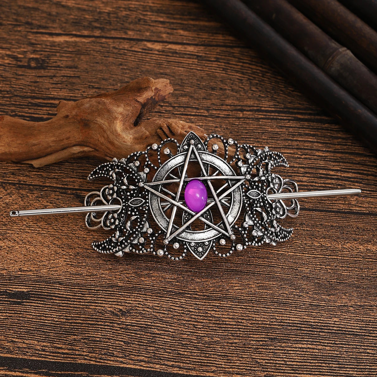 Star & Heart Gemstone Hairpin – Viking Style, Metal Alloy, Blue/Pink/White