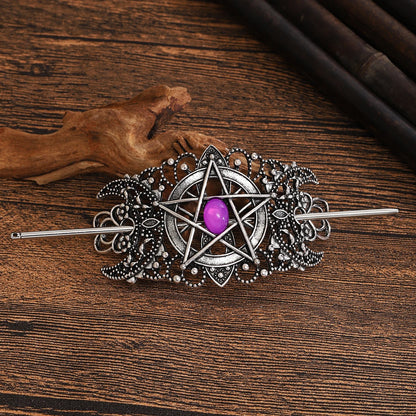 Star & Heart Gemstone Hairpin – Viking Style, Metal Alloy, Blue/Pink/White