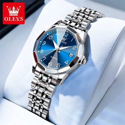 OLEVS 9970 Couple Watch - Luxury, Stainless Steel, Waterproof, Calendar, Digital Dial, Rhombus Mirror