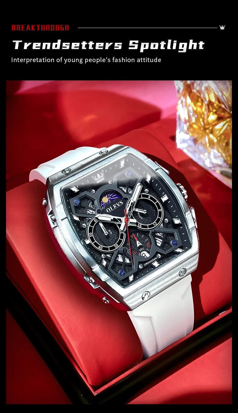 OLEVS 2492 Men's Watch - Tonneau Hollow Out, Moon Phase, Waterproof, Luminous, Silicone