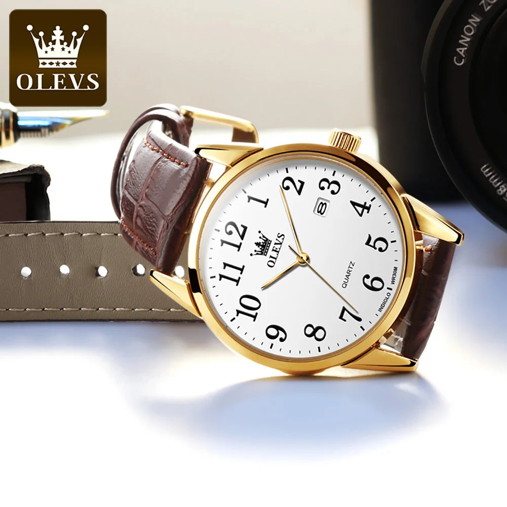 OLEVS 5566 Watch - Fashion Quartz, Leather Strap, Waterproof, Arabic Numeral, Men & Women