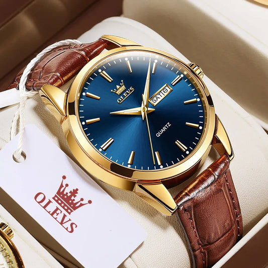 OLEVS 6898 Men's Watch - Simple Blue Face, Waterproof, Leather Strap, Business Casual, Automatic