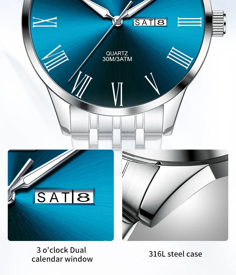 OLEVS 3633 Men's Watch - Business Simple, Waterproof, Luminous, Stainless Steel, Dual Calendar