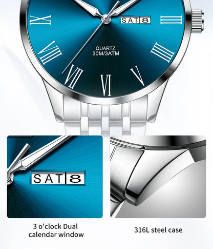 OLEVS 3633 Men's Watch - Business Simple, Waterproof, Luminous, Stainless Steel, Dual Calendar