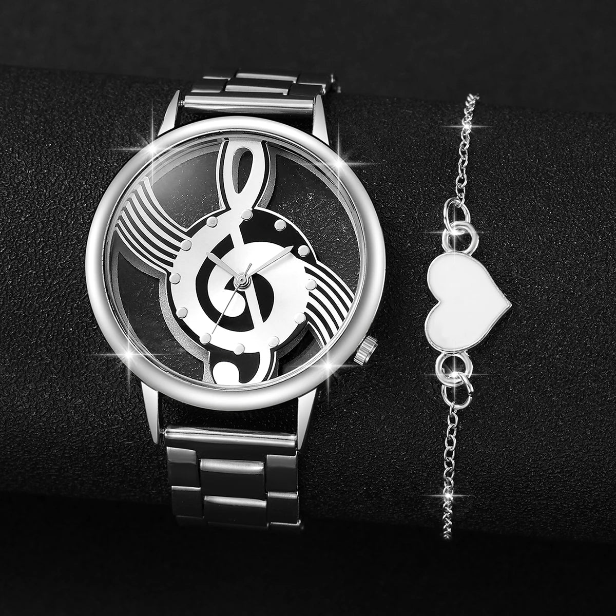 Women's 2pcs Hollow Musical Note Dial Quartz Watch & Heart Bracelet Set - Steel Band, 40mm, No Box