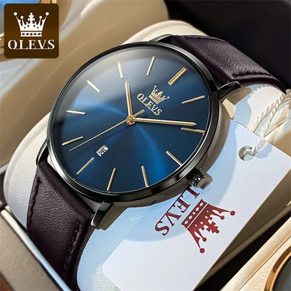 OLEVS 5869 Men's Watch - Ultra Thin 6.5mm, Minimalist, Leather Strap, Waterproof, Auto Date