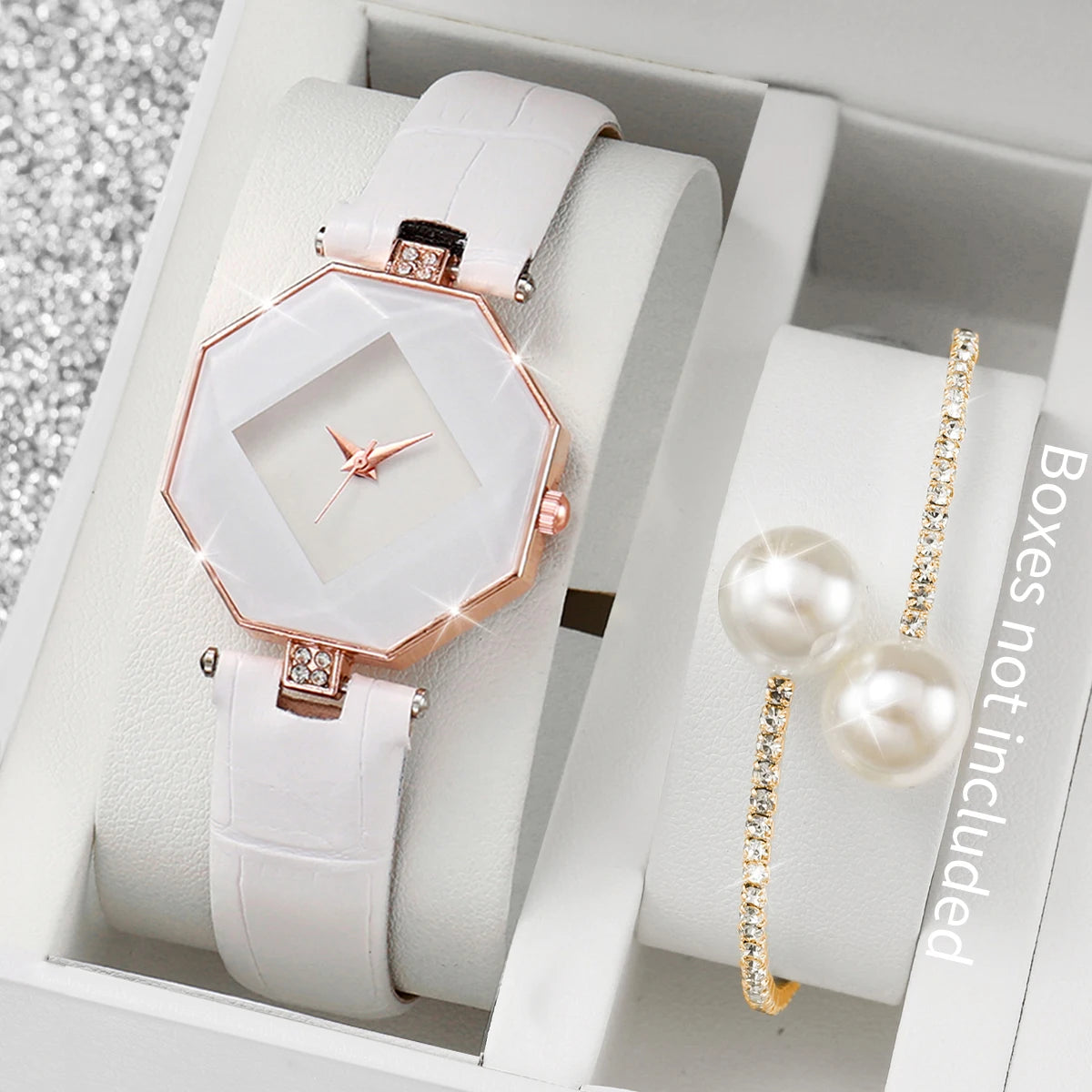 Women's 2pcs Leather Band Quartz Watch & Pearls Bracelet Set - Numberless Dial, 30mm, No Box