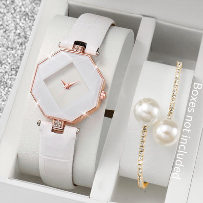 Women's 2pcs Leather Band Quartz Watch & Pearls Bracelet Set - Numberless Dial, 30mm, No Box