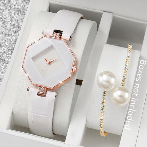 Women's 2pcs Leather Band Quartz Watch & Pearls Bracelet Set - Numberless Dial, 30mm, No Box