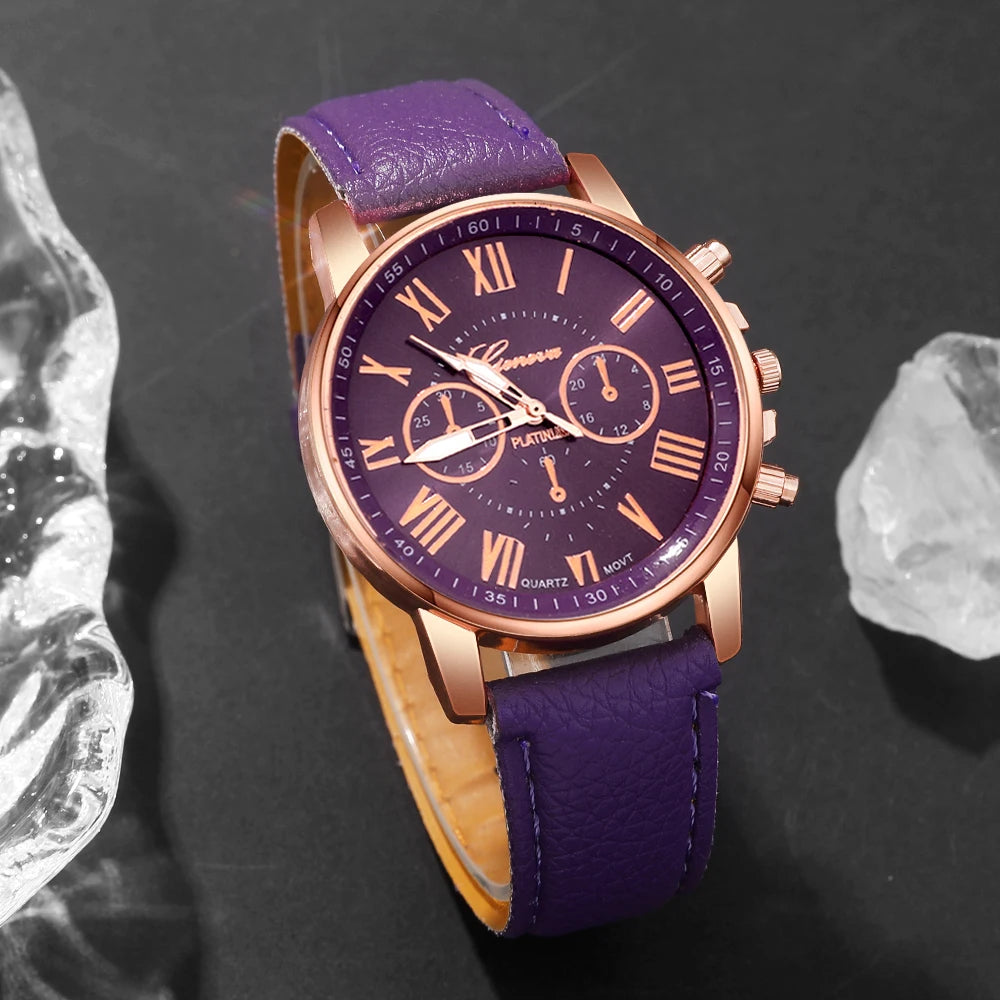 Women's Quartz Watch & Bracelet Set – Roman Numeral, Leather Band