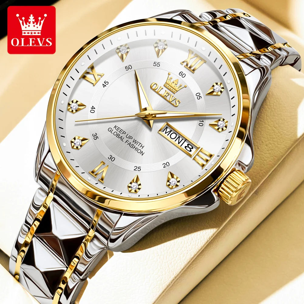 OLEVS 2906 Couple Watch - Roman Scale, Diamond Dial, Rhombus Strap, Waterproof