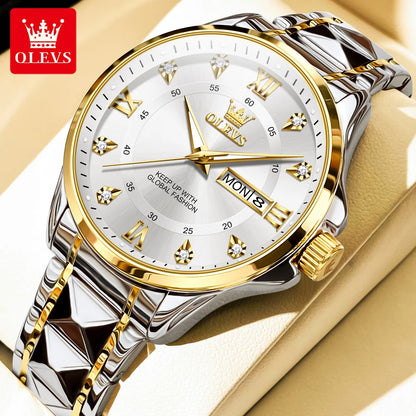 OLEVS 2906 Couple Watch - Roman Scale, Diamond Dial, Rhombus Strap, Waterproof