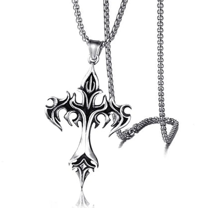 Vintage Flame Cross Pendant Necklace - 60cm Gothic Chain