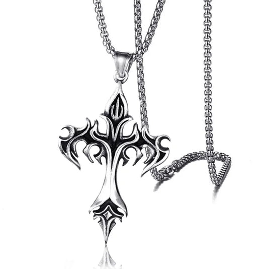 Vintage Flame Cross Pendant Necklace - 60cm Gothic Chain