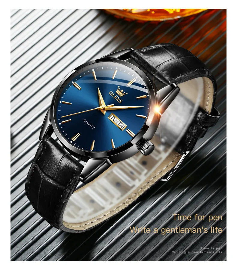 OLEVS 6898 Men's Watch - Simple Blue Face, Waterproof, Leather Strap, Business Casual, Automatic