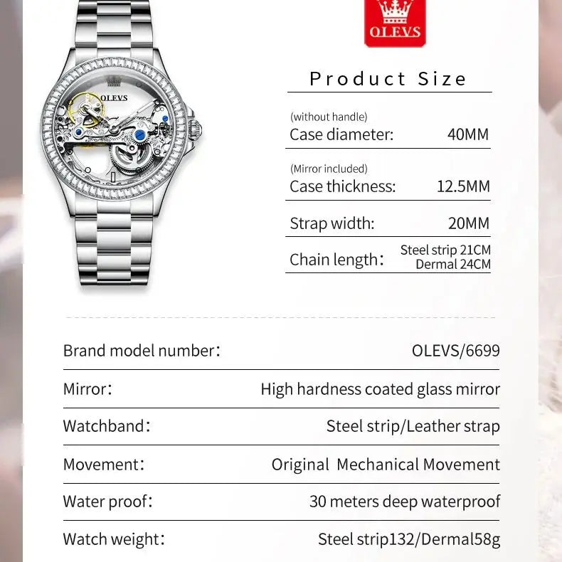OLEVS 6699 Automatic Mechanical Watch - Transparent 40mm Big Dial, Bracelet Set, Luxury