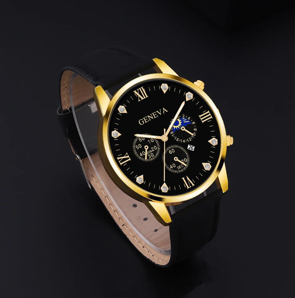 DEYROS 2pcs Men's Luxury Quartz Watch & Bracelet Set - Leather Band, Numberless Dial, No Box