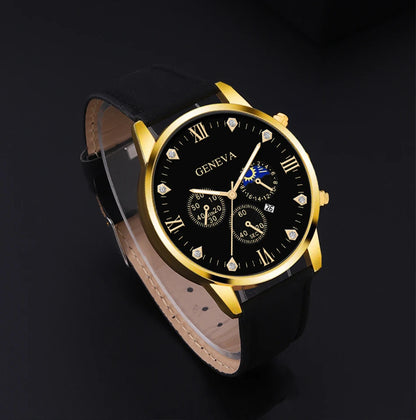 DEYROS 2pcs Men's Luxury Quartz Watch & Bracelet Set - Leather Band, Numberless Dial, No Box