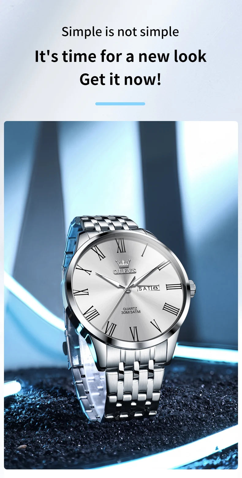OLEVS 3633 Men's Watch - Business Simple, Waterproof, Luminous, Stainless Steel, Dual Calendar