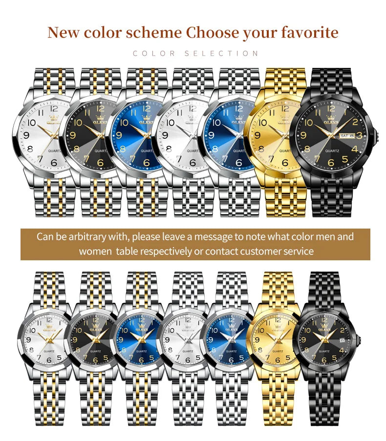 OLEVS 9970 Couple Watch - Luxury, Stainless Steel, Waterproof, Calendar, Digital Dial, Rhombus Mirror