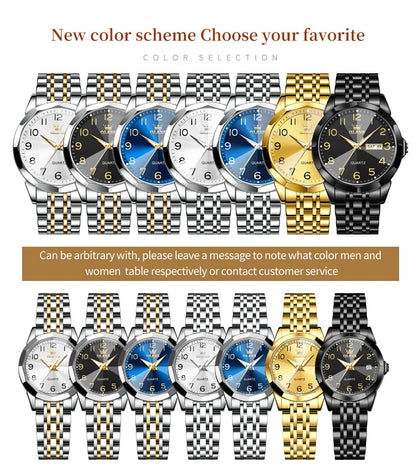 OLEVS 9970 Couple Watch - Luxury, Stainless Steel, Waterproof, Calendar, Digital Dial, Rhombus Mirror