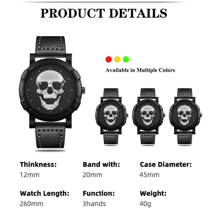 DEYROS 3pcs Men's Skull Quartz Watch Set - Watch, Necklace & Bracelet, Stainless Steel, Hardlex