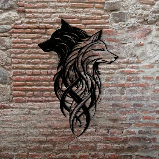 Twin Wolf Metal Wall Sculpture - Black & White Wrought Iron Set