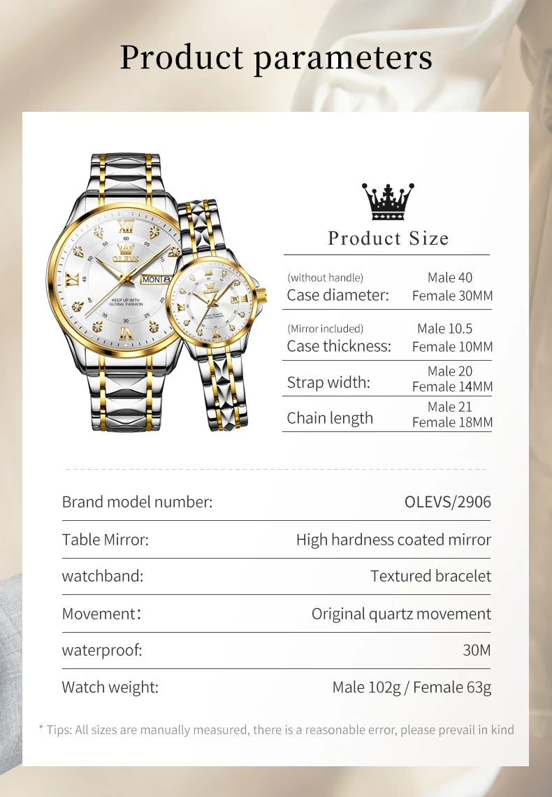 OLEVS 2906 Couple Watch - Roman Scale, Diamond Dial, Rhombus Strap, Waterproof