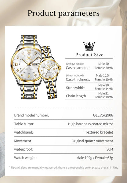 OLEVS 2906 Couple Watch - Roman Scale, Diamond Dial, Rhombus Strap, Waterproof
