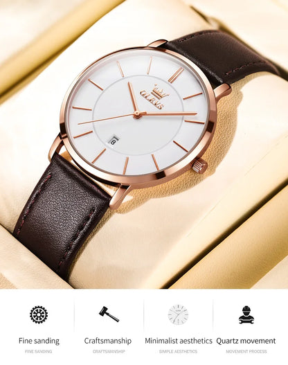 OLEVS 5869 Men's Watch - Ultra Thin 6.5mm, Minimalist, Leather Strap, Waterproof, Auto Date