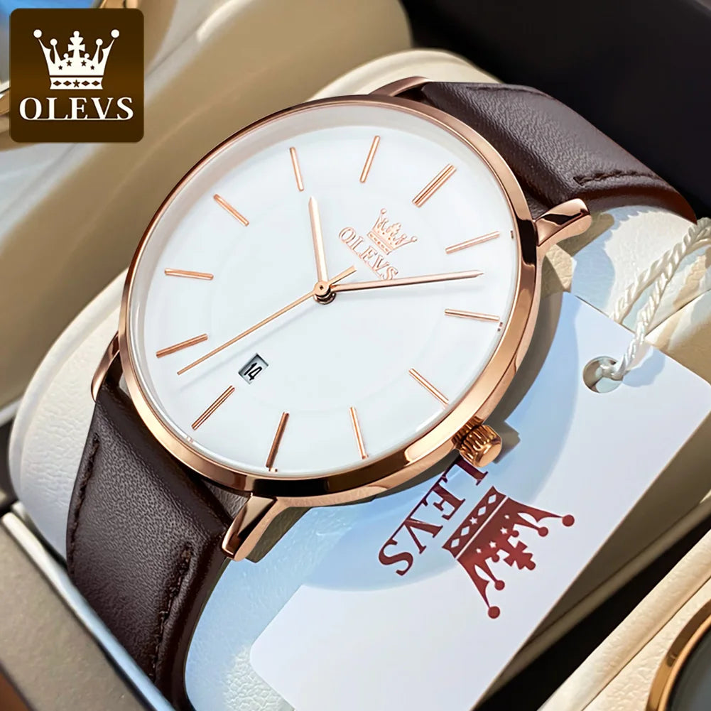 OLEVS 5869 Men's Watch - Ultra Thin 6.5mm, Minimalist, Leather Strap, Waterproof, Auto Date
