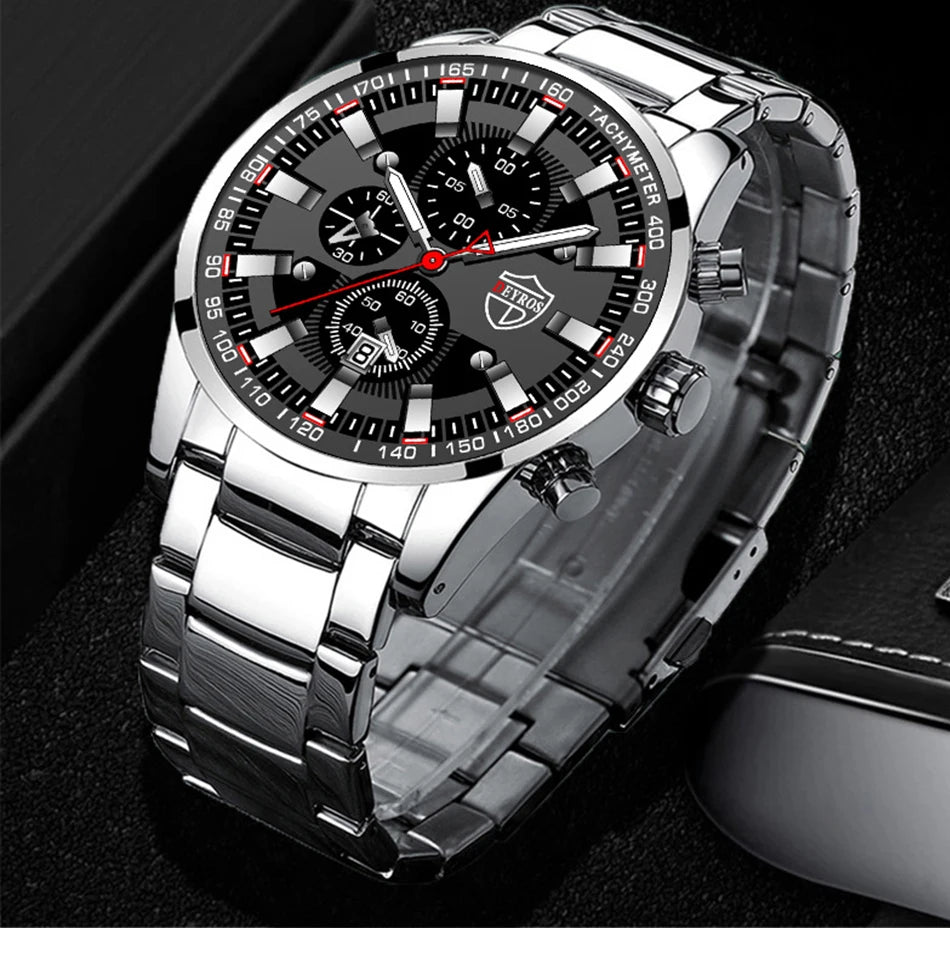DEYROS Men's Luxury Quartz Watch - Stainless Steel Band, Numberless Dial, Bracelet Clasp