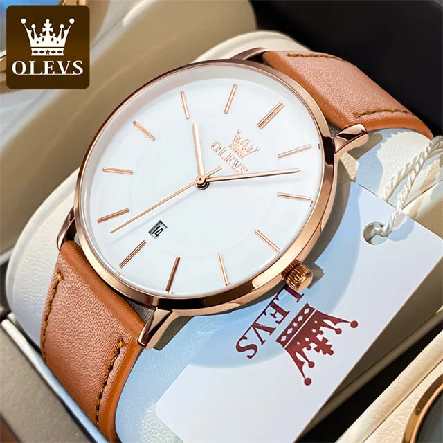 OLEVS 5869 Men's Watch - Ultra Thin 6.5mm, Minimalist, Leather Strap, Waterproof, Auto Date